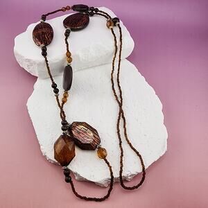 Copper Brown Geometric Bead Necklace 41" Long Faceted Boho Statement Jewelry